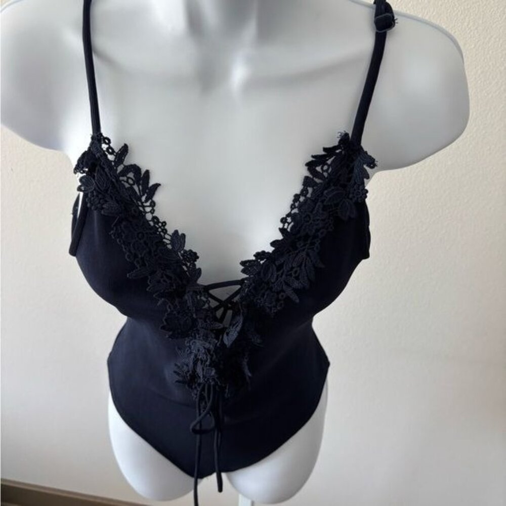 Y2K Bodysuit Large Floral Lace Deep V Neckline Romantic Dark Academia Balletcore - Picture 16 of 16